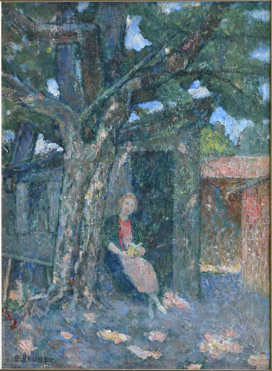 Emile Brunet  "woman Under A Tree" Oil On Cardboard  44x34-photo-2